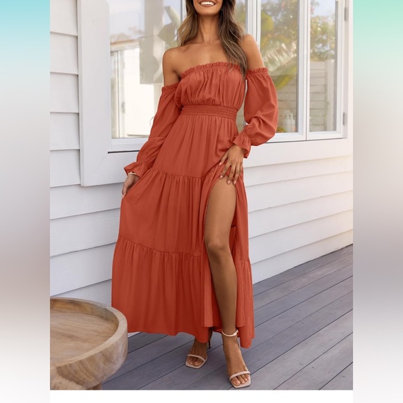 Off Shoulder Long Sleeve Smocked High Waist Side Split Flowy Long Maxi dress - Picture 5 of 7